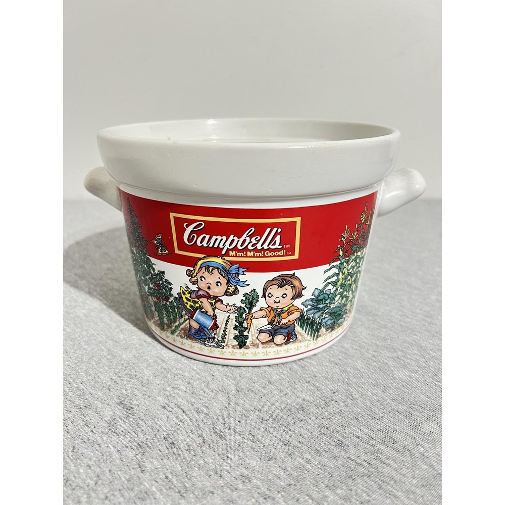 Vintage 1993 Campbell's Kids Soup Crock Bowl White Handles Westwood Thailand